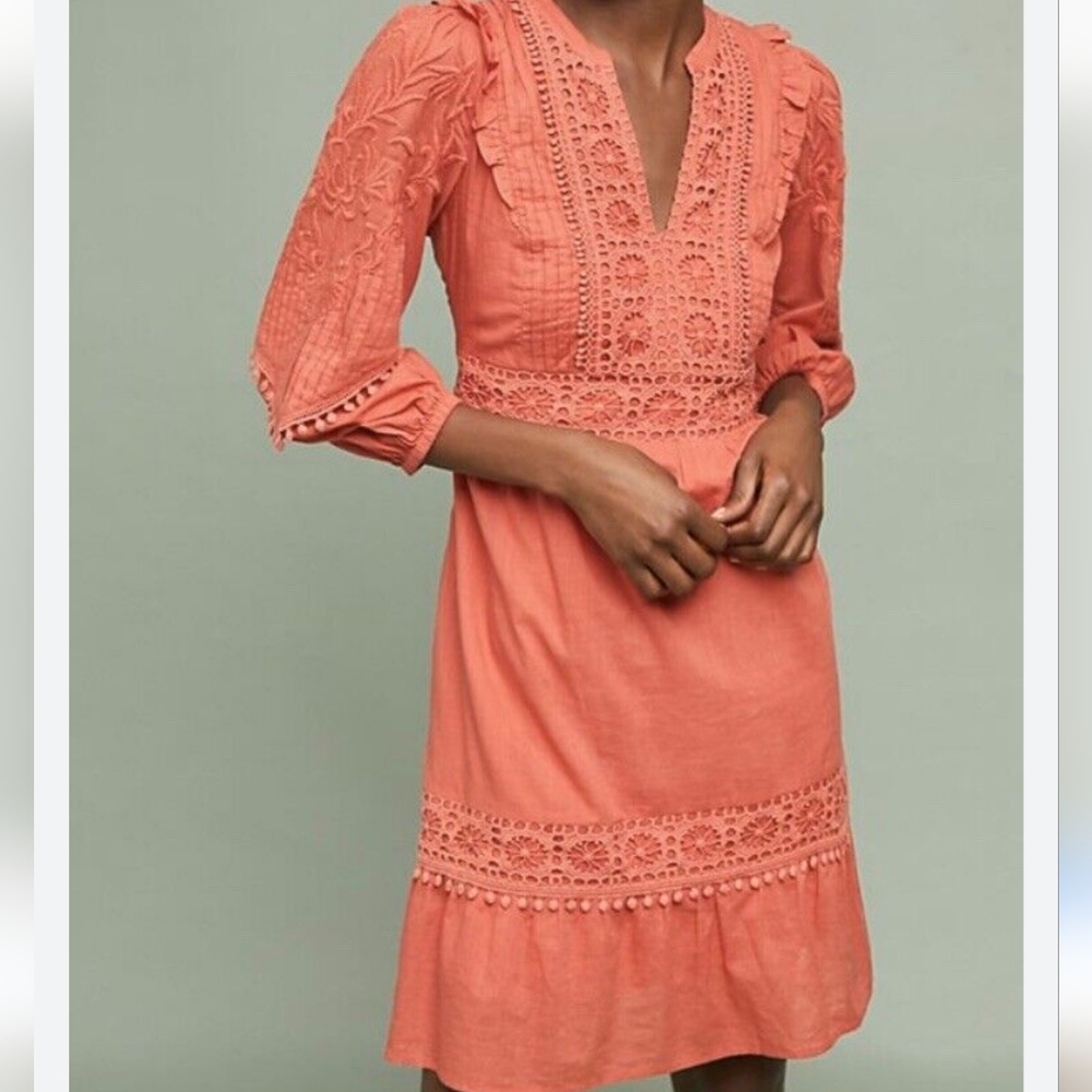 Anthropologie cotton Josephine Embroidered Dress by Akemi + Kin soft coral